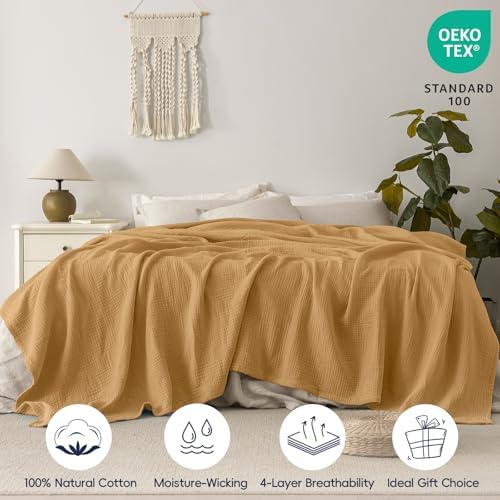 PHF 100% Cotton Muslin Blanket Twin XL Size 66"x90", 4-Layer Lightweight Gauze Throw, Breathable Cloud-Soft Minimalist Blanket for Bed, Couch, Camping & Baby, Amber, Ideal Gift - Image 4