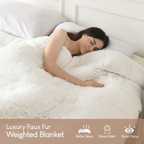 Cottonblue Weighted Blanket 15lbs, Sherpa Faux Fur Reversible Luxury Snugly Long Fur Warm Heavy Blanket 60x80 inches,Super Soft Fuzzy Fleece Blanket for Better Sleep, Cream White - Image 2