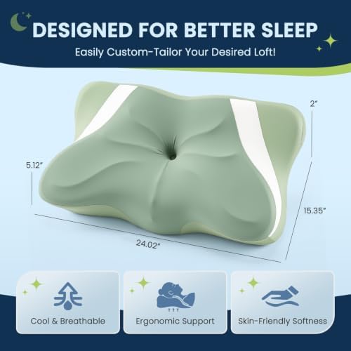 Sweetcrispy Queen Cervical Pillow for Neck and Shoulder - Ergonomic Memory Foam Pillows, Contour Side Sleeper for Adults, Cooling Orthopedic Neck Support for Back Stomach Sleepers, Green - Image 2