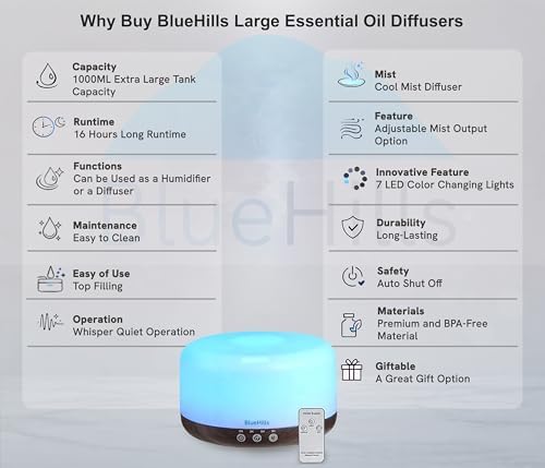 BlueHills 1000 ML Essential Oil Diffuser Premium Humidifier Remote Darkwood - Image 2