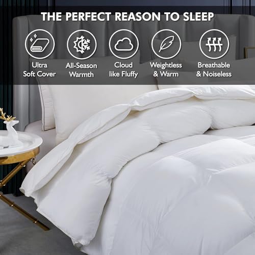 Luxurious White Solid Heavy Weight, Oversize Queen Goose Feathers Down Comforter for Winter Weather Duvet Insert, Premium Baffle Box, 100% Egyptian Cotton Cover, 70 oz. Fill Weight - Image 5