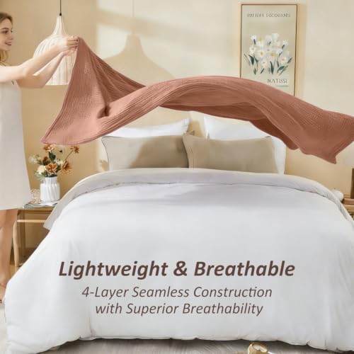 EMME Cotton Muslin King Blanket Bed Layering Breathable Gauze Blanket Soft Lightweight Blankets Adults (Orange Red, 108"x90") - Image 6