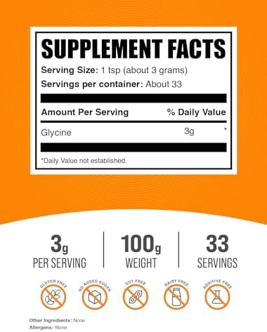 BulkSupplements.com Glycine Powder - Glycine Supplements, Amino Acid Supplement - Unflavored & Gluten Free, 3g per Serving, 100g (3.5 oz) (Pack of 1) - Image 2
