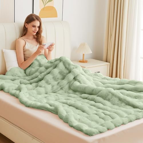 ORINOVA Sage Green Twin Size Blanket for Bed, 60x80 Ultra Soft Faux Rabbit Fur, Fuzzy Fluffy Plush Bubble Texture, Cozy Warm Reversible Throw for Couch, Bedroom Dorm Decor, Gifts for Women - Image 7