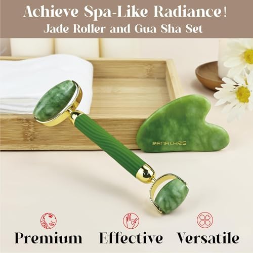 Rena Chris Gua Sha and Face Roller Set: Anti-Breakage Jade Roller for Long-Lasting Use, Jawline Sculpting and Puffiness Reducing, Gua Sha Facial Tools for Self Care Gift (Green) - Image 2