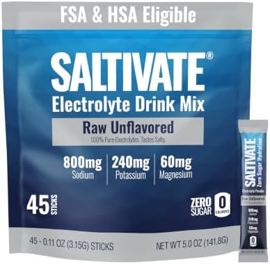 Electrolyte Packets, Raw Unflavored, 800mg Sodium, 45 Sticks by Saltivate