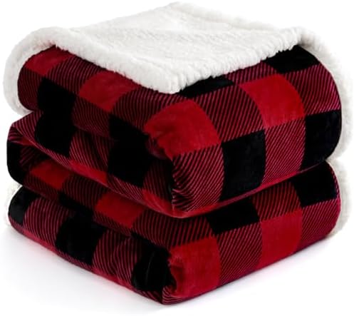 PU MEI Sherpa Fleece Throw Blanket 80" x 90" Reversible Plush Fluffy Large Big Blanket Lattice Flannel Blankets for All Season Use, Red and Black by HOME