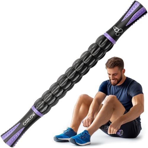 Muscle Roller Stick, Black Purple, Hand Held Body Massager, 9 Rollers by Cozlow