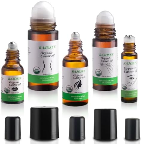 RAJOSEE 5 Pcs Castor Oil Roll on Set, Certified Organic Castor Oil Rolling for Skin Waist Back Leg Lip Eyebrow Hair, Cold Pressed Essential Oil in Glass Bottle by RAJOSEE