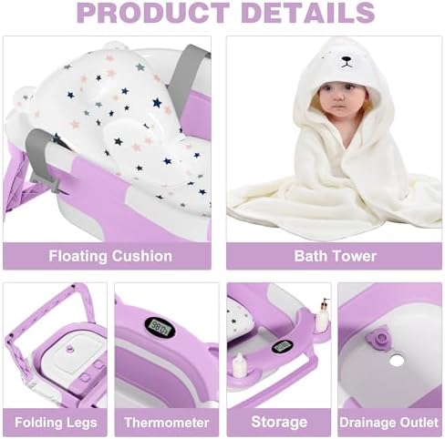 MoreFeel Collapsible Baby Bathtub for Newborn with Thermometer & 1 Hooded Towel & 1 Soft Floating Cushion,Portable Travel Bathtub with Drain Hole, Durable Foldable Baby Tubs for Infants to Toddler - Image 4