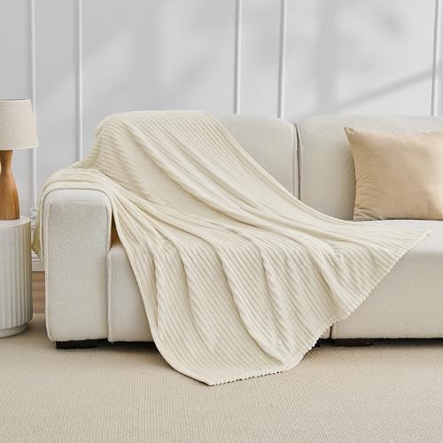 Bnuitland Fleece Throw Blanket for Couch, 300GSM Soft Warm Cozy Fluffy Ivory Throw for Adults & Kids, Stripe Pattern 50"x60", All Season Sofa Bed Blanket for Home Decor - Image 4