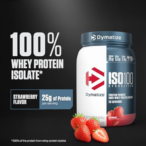 Dymatize ISO100 Whey Protein Powder Isolate, Strawberry, 25g of Protein, 5.5g BCAAs, Less Than 120 Cal., Gluten Free, 1g Fat, 1g Sugar, 2g Carb (20 Servings) - Image 2