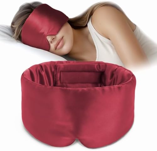 Silk Sleep Mask Soft Pressureless: 100% Mulberry Silk for Eye Skin Anti Wrinkles, Large Size for Total Blackout, Adjustable Wide Velcro Ear Cover, Burgundy by OLESILK
