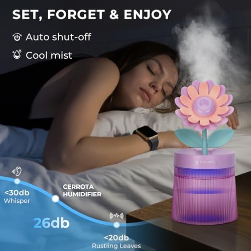 Cute Flower Mini Humidifier, Small Cool Mist Desk Humidifiers, Portable USB Personal Desktop Plant Humidifiers, Cooling for Home Office Car Travel Indoor Outdoor (260ml, Purple Sunflower) - Image 2