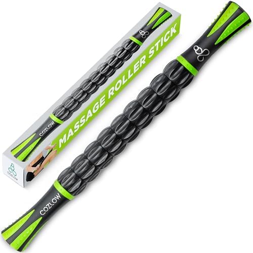 Muscle Roller Stick, Black Green, Hand Held Body Massager, 9 Rollers by Cozlow