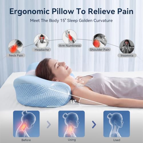 Cervical Pillow for Neck and Shoulder Pain Relief, Ergonomic Contour Memory Foam Pillows with Breathable Ice Silk Cover, Orthopedic Bed Pillow for Side Back Stomach Sleeper (Blue) - Image 2