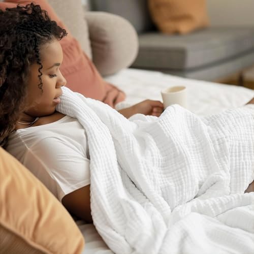 100% Cotton Muslin Blanket 50" x 60", Breathable and Lightweight Cotton Throw Blankets for Couch, Soft Cooling Summer Gauze Blanket for Adults All Season, White - Image 3