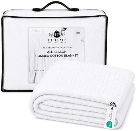HILLFAIR 100% Combed Cotton Blanket– King Bed Blanket– Soft Cozy Warm Multipurpose Throws for Luxury Home Decor– 90 x 108 inch King Size Cotton Blankets for Beds- Bed Blankets for All Season- White by HILLFAIR