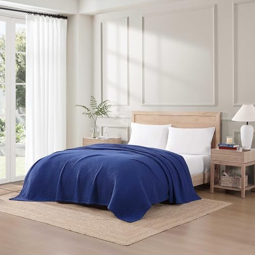 Tommy Hilfiger - Twin Cotton Blanket, Woven Channel Stitched Bedding, Medium Weight Soft Blanket, Anti-Pilling & Fade Resistant, Ideal for Layering, Oeko-TEX Certified (Blue) - Image 2