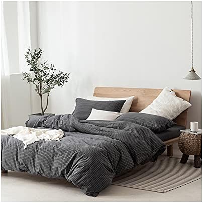 F.Y.Dreams 100% Washed Cotton Duvet Cover for Weighted Blanket 60x80 inches with 16 Ties, Zipper on Long Side/Gray Grid/Just Duvet Cover - Image 3