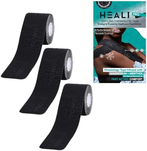 Heali Kinesiology Tape with Magnesium and Menthol, 3 Pack, Each w/ 20 Precut Strips, K Tape Roll, Knees, Physical Therapy Sports Tape for Knees, Joints & Muscles, Water Resistant, Black Inspo by HEALIMEDICAL