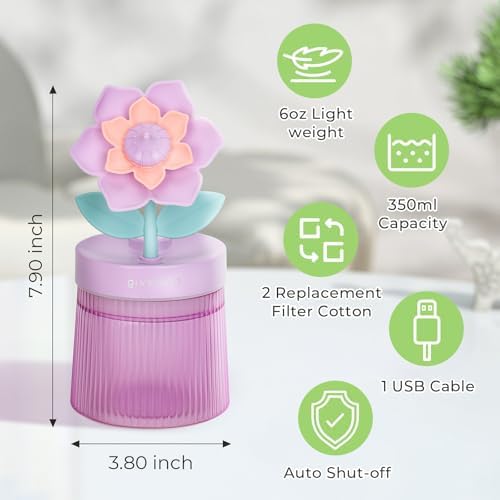 Cute Flower Mini Humidifier, Small Cool Mist Desk Humidifiers, Portable USB Personal Desktop Plant Humidifiers, Cooling for Home Office Car Travel Indoor Outdoor (260ml,Purple Gardenia) - Image 6