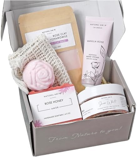 Natural Amor Spa Gifts for Women,Luxurious Rose Scent Bath gift for her, 6pc Bath & Body gift including Soap Bar, Bath Bomb, Bath Salt by NATURALAMORLOSANGELES