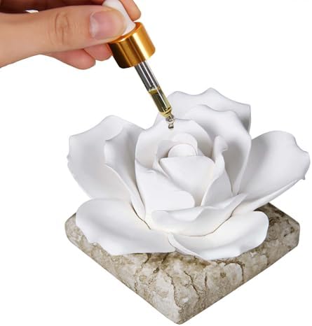 Ceramic Passive Essential Oil Diffuser, Aesthetic Desktop Handmade Flower & Concrete Base, Porcelain Aromatherapy Oils Diffuser for Home, Office, Yoga, Spa Room (White Rose) by Unknown