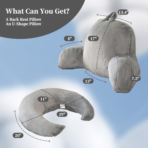19" Reading Pillow for Bed,U Shaped Arm & Elbow Support,Gray Faux Fur - Image 3