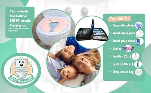 Travel Potty Seat: Portable w Carrying Case for Toddler Toilet Training, Foldable Non-Slip Silicone for kids public toilets, CLEAN ON THE GO (Pink) - Image 2