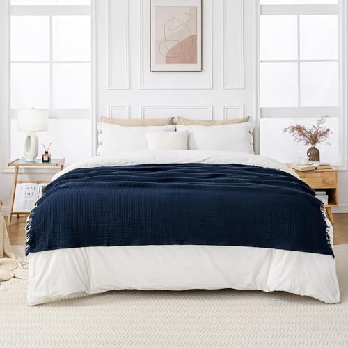 Esterra Muslin Throw Blanket 50x65 Inches Cozy Soft Lightweight Pre-Washed Cotton Blanket, All Season Breathable 4-Layer Gauze Blanket Throw for Sofa Couch Bed, Navy Blue - Image 6