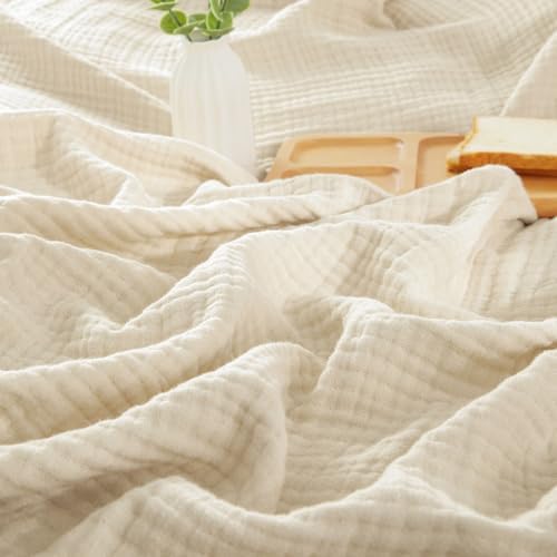 PHF 100% Cotton Muslin Blanket Twin XL Size 66"x90", 4-Layer Lightweight Gauze Throw, Breathable Cloud-Soft Minimalist Blanket for Bed, Couch, Camping & Baby, Beige/Short Bread, Ideal Gift by PHF
