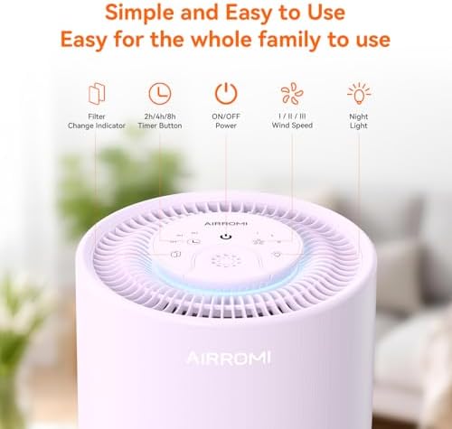 AIRROMI Air Purifier for Bedroom with HEPA 3-in-1 Filter, Pet Air Purifier for Home Cat Pee Smell, Covers Upto 990 Ft², Quiet 360°intake Air Cleaner for Pet Hair,Allergies,Pollen,Smoke A2001 Purple - Image 3