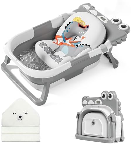MoreFeel Collapsible Baby Bathtub for Newborn with Thermometer & 1 Hooded Towel & 1 Soft Floating Cushion,Portable Travel Bathtub with Drain Hole, Durable Foldable Baby Tubs for Infants to Toddler by Morefeel
