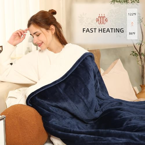 ESTINGO Heated Blanket Electric Blanket Full Size, Heating Blanket with 1-10 Hours Adjustable Timer & 6 Heating Levels, Heated Throw Blanket with Full Body Soft Sherpa, 72"x84", Navy Blue - Image 3