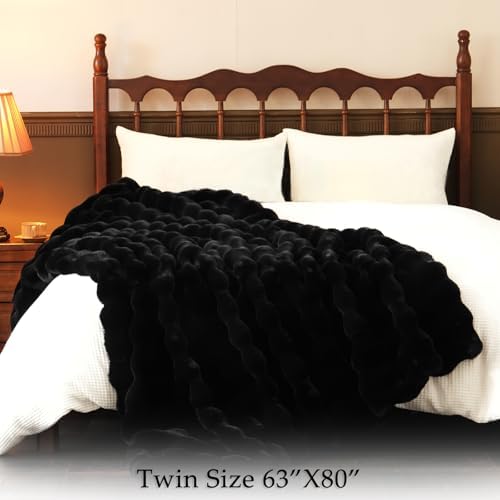 BENVWE Faux Fur Throw Blanket for Couch Bed - Fluffy Soft Thick Bubble Blanket for Living Room Home Decor - Fathers Day Birthday Gifts for Women Men, Black, 60" x 80" - Image 5
