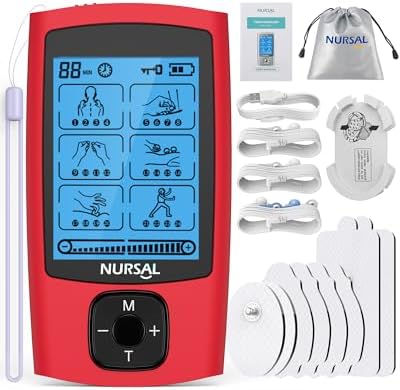 NURSAL 24 Modes TENS Unit Muscle Stimulator, Rechargeable Electronic Pulse Massager with 8 Pads for Back and Shoulder Pain Relief and Muscle Strength (Red) by NURSAL