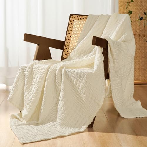 PHF Lightweight 100% Cotton Waffle Throw Blanket for Couch, Cannoli Cream by PHF