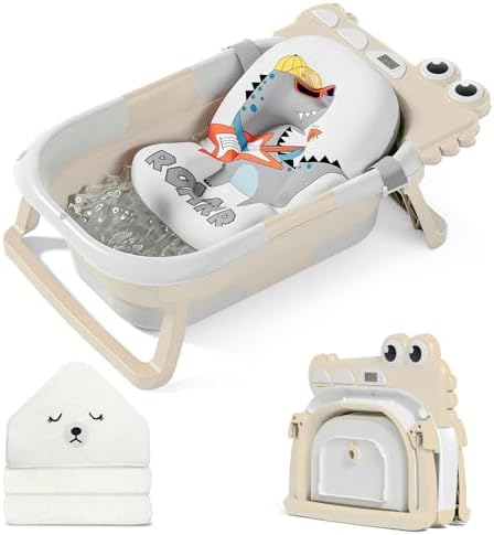 MoreFeel Collapsible Baby Bathtub for Newborn with Thermometer & 1 Hooded Towel & 1 Soft Floating Cushion,Portable Travel Bathtub with Drain Hole, Durable Foldable Baby Tubs for Infants to Toddler by Morefeel