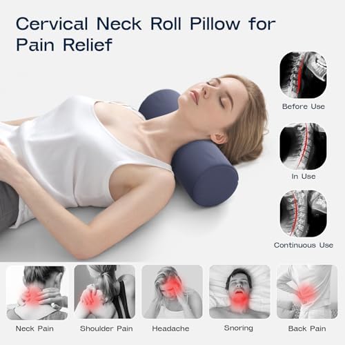 Neck Roll Pillow for Neck Pain Relief - Memory Foam Neck Support Pillow for Bed | Round Neck Pillow for Sleeping, 15.7 * 6 * 6inch ((Navy-Blue) - Image 6