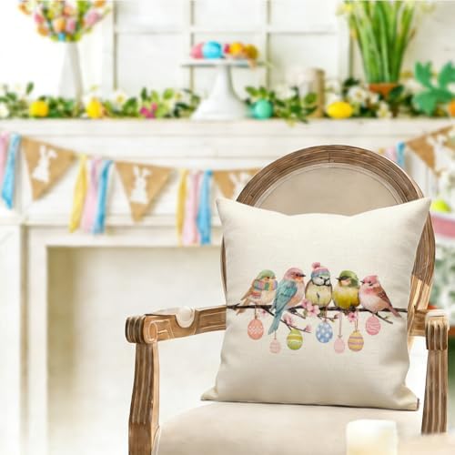 RABUSOFA Easter Pillow Covers 18x18 inch Easter Decorations Pink Birds Colorful Eggs Throw Pillows for Bedroom Sofa Holiday Festivals Home Decor - Image 2