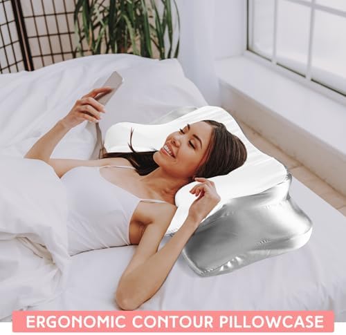 Hahafelt Cervical Neck Pillowcase (Only Pillowcase) Satin Pillow Cover with Zipper Ergonomic Contour Pillow Cover for Side Back Stomach Sleepers(White and Gray,Queen Size) - Image 4