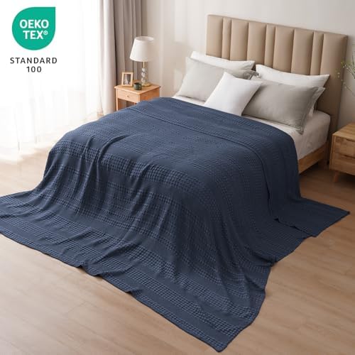 PHF Lightweight 100% Cotton Waffle Blanket, Oversized King, Indigo - Image 5