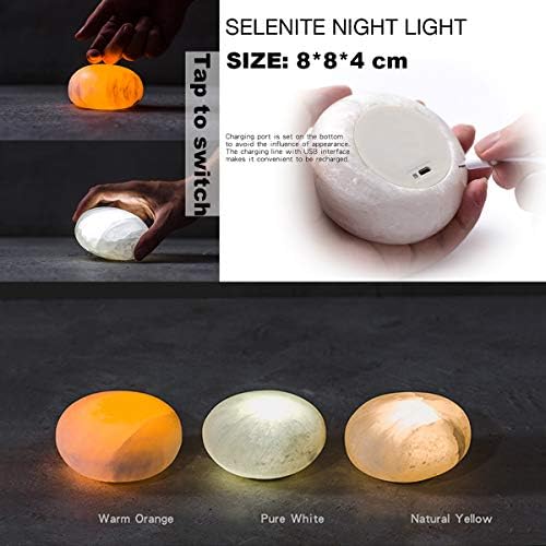 MIYA LIFE Selenite Lamp Hand Carved Stone Lamp Rechargeable Taplights Selenite Crystal Light with Dimmer (White/Warm/Yellow) for Bedroom Healing Natural Crystal Light (1 Piece, Round Taplight) - Image 3