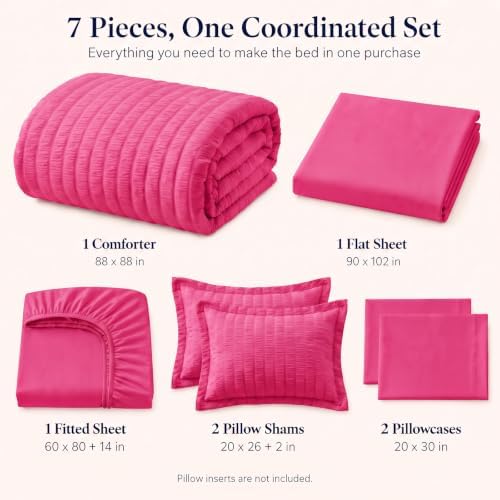 CozyLux Queen Comforter Set, 7 Pieces Hot Pink Seersucker Bed in a Bag - Image 2