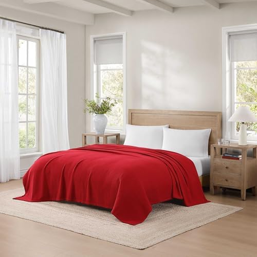 Tommy Hilfiger - Queen Cotton Blanket, Textured Pique Weave Bedding, Medium Weight Soft Blanket, Anti-Pilling & Fade Resistant, Ideal for Layering, Oeko-TEX Certified (Red) - Image 2