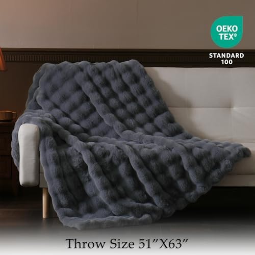 BENVWE Faux Fur Throw Blanket for Couch - Thickened Fluffy Soft Bubble Blanket for Living Room Home Decor - Fathers Day Birthday Gifts for Women Men, Grey, 50" x 60", 1300GSM - Image 2