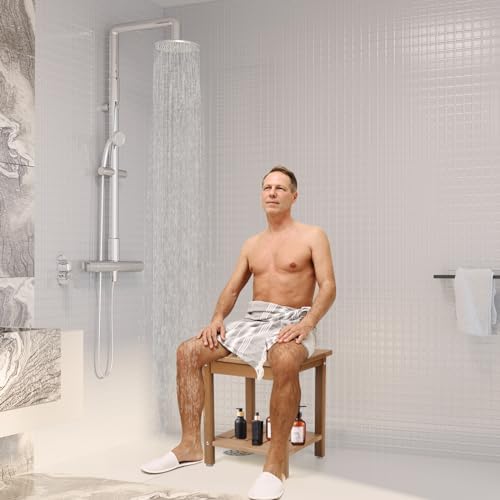 Apolimi Shower Chair, HDPE Shower Bench for Inside Shower to Sit On It, Shower Stool with Storage Shelf 2-Tier Spa Stool for Elderly,Water Resistant & Non-Slip Design Shower Seat Bench (Teak S Size) - Image 2