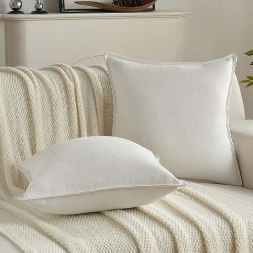 FUTEI Pack of 2 Chenille Throw Pillow Covers 22x22 Inch, Cream - Image 5