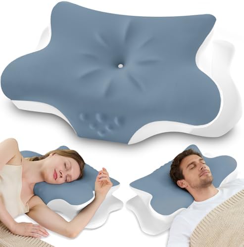Cervical Neck Pillow for Pain Relief – Ergonomic Memory Foam Pillow for Side Sleeper Contour Orthopedic Bed Pillow for Neck Support with Cooling Cover – Ideal Christmas Birthday Gift - Dark Blue by VJASD